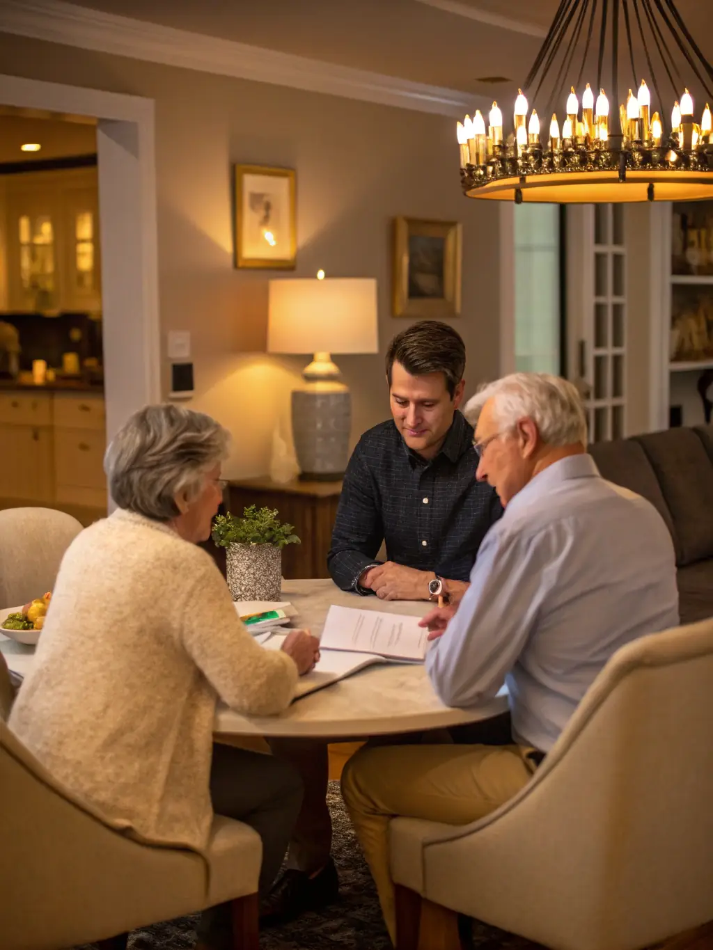 An experienced financial planner is conducting a retirement planning session with a couple, focusing on long-term financial security and peace of mind.