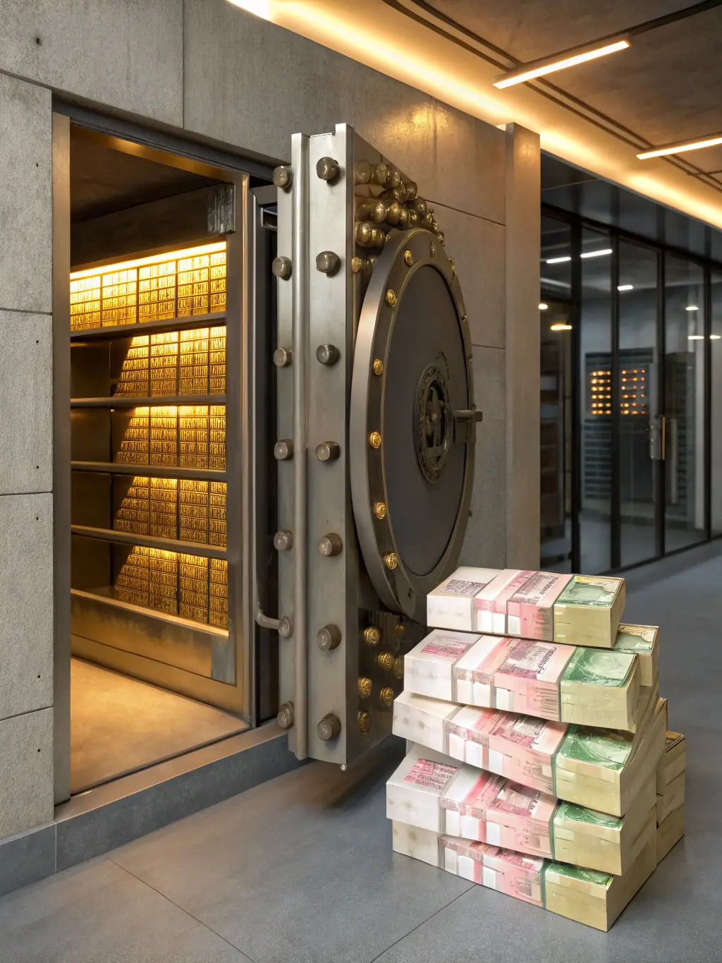A secure vault with gold bars and stacks of money, symbolizing financial security and wealth preservation.