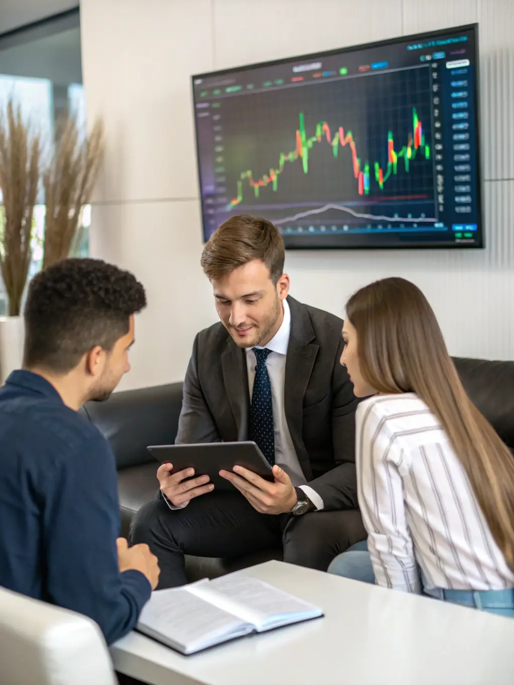 A professional financial advisor is presenting a detailed financial plan to a client in a modern office setting. The plan includes charts and graphs illustrating potential growth scenarios.