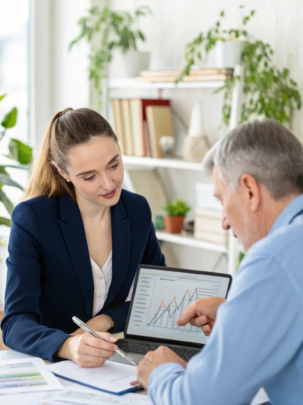 A professional financial advisor is presenting a detailed investment portfolio analysis to a client in a modern office setting, emphasizing personalized financial planning.