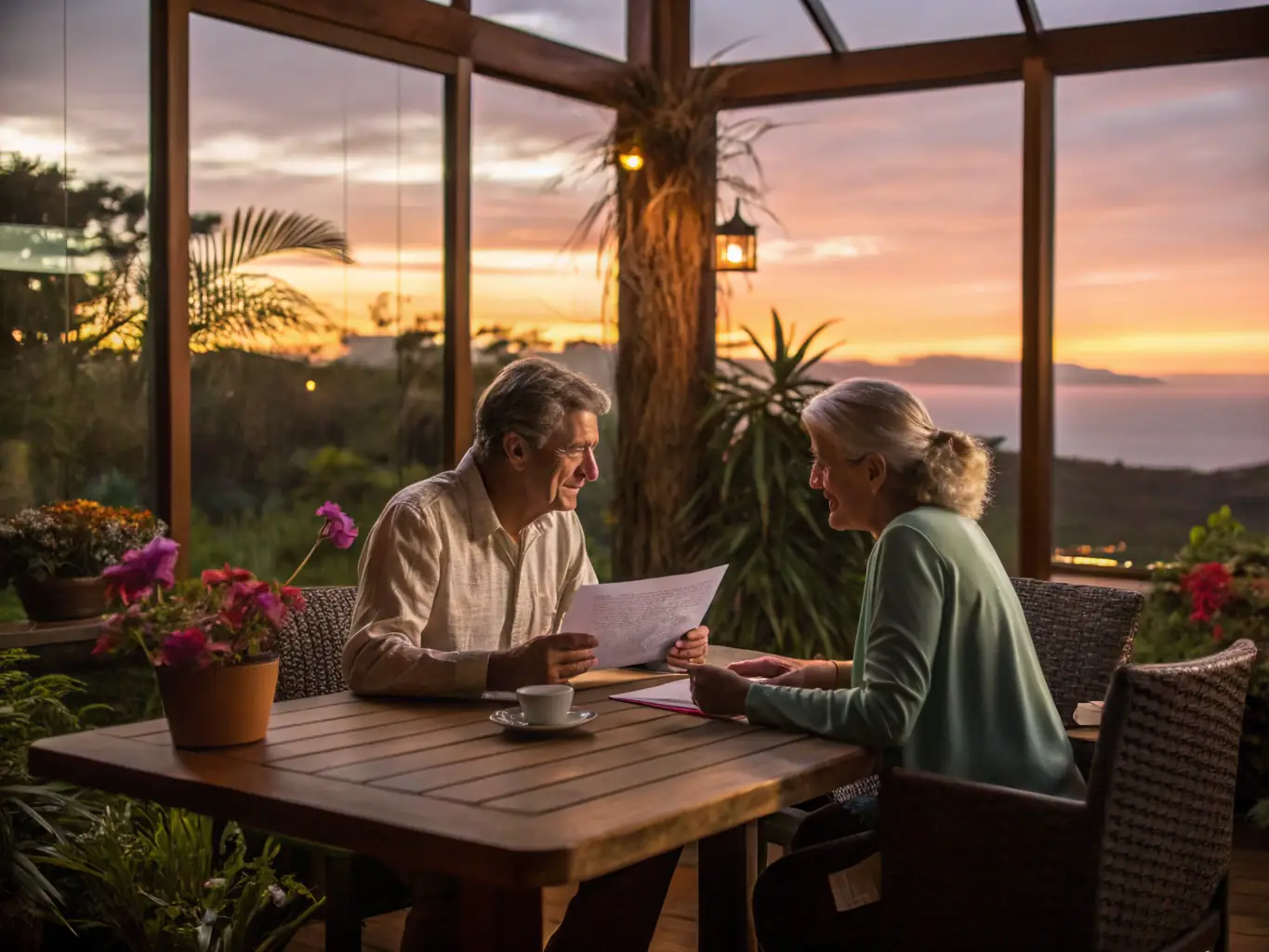 A serene image of a couple planning their retirement finances, sitting at a table with financial documents and a laptop.